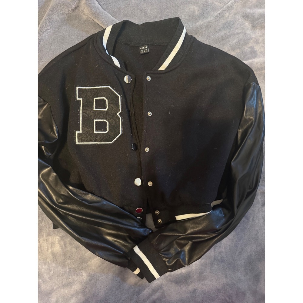 SHEIN Womens Black Varsity Bomber Jacket Faux Leather Sleeves Letterman B Size M